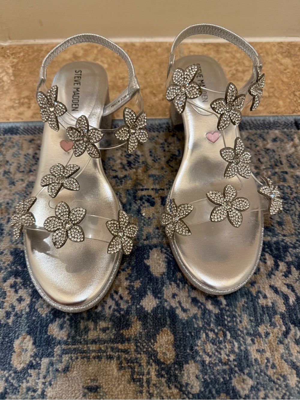 Steve Madden Girls Silver Crystal Floral Ankle-Strap Sandals